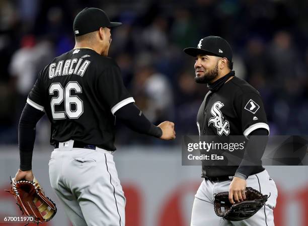 Avisail Garcia and Melky Cabrera of the Chicago White Sox celebrate the 4-1 win over the New York Yankees on April 18, 2017 at Yankee Stadium in the...