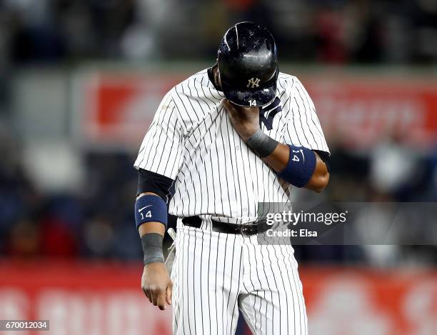 Starlin Castro of the New York Yankees reacts to the loss to the Chicago White Sox on April 18, 2017 at Yankee Stadium in the Bronx borough of New...