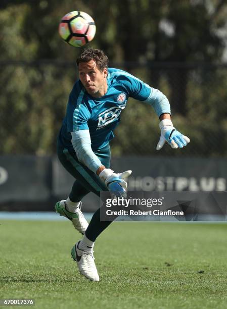Melbourne City goalkeeper Thomas Sorensen watches the ball during a Melbourne City A-League training session at City Football Academy on April 19,...