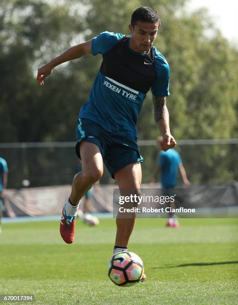 Tim Cahill of Melbourne City controls the ball during a Melbourne City A-League training session at City Football Academy on April 19, 2017 in...