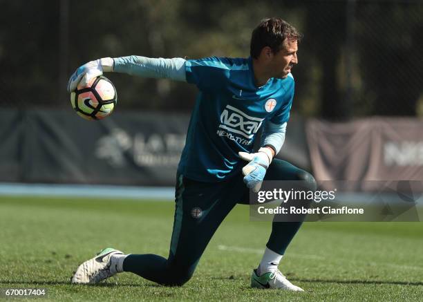 Melbourne City goalkeeper Thomas Sorensen throws the ball during a Melbourne City A-League training session at City Football Academy on April 19,...