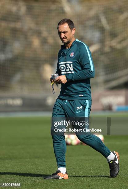 Melbourne City Coach Michael Valkanis looks on during a Melbourne City A-League training session at City Football Academy on April 19, 2017 in...