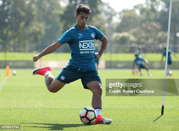 Daniel Arzani of Melbourne City kicks the ball during a Melbourne City A-League training session at City Football Academy on April 19, 2017 in...