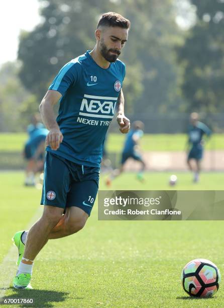 Anthony Caceres of Melbourne City controls the ball during a Melbourne City A-League training session at City Football Academy on April 19, 2017 in...