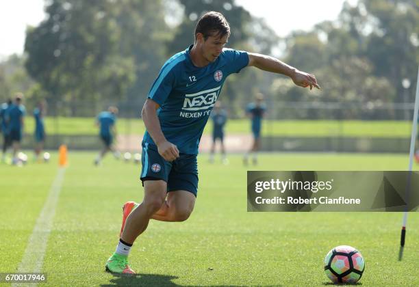 Nick Fitzgerald of Melbourne City kicks the ball during a Melbourne City A-League training session at City Football Academy on April 19, 2017 in...