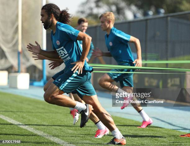 Osama Malik of Melbourne Citywarms up during a Melbourne City A-League training session at City Football Academy on April 19, 2017 in Melbourne,...