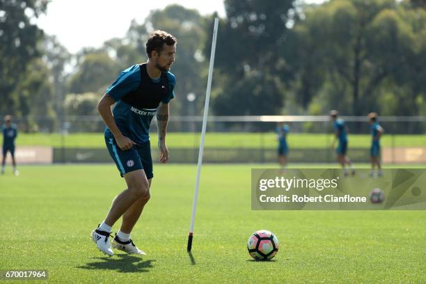 Nicolas Colazo of Melbourne City controls the ball during a Melbourne City A-League training session at City Football Academy on April 19, 2017 in...