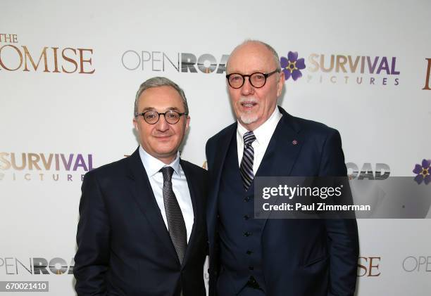 Ambassador Zohbra Mnatsakanyan and Terry George attend "The Promise" New York Screening at Paris Theatre on April 18, 2017 in New York City.
