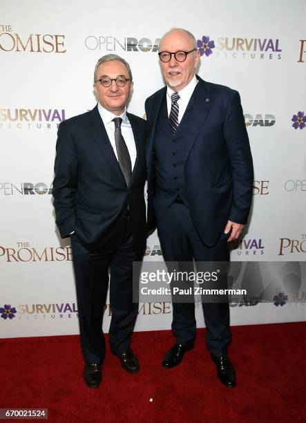 Ambassador Zohbra Mnatsakanyan and Terry George attend "The Promise" New York Screening at Paris Theatre on April 18, 2017 in New York City.