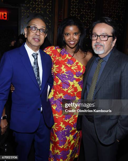 George C. Wolfe, Renee Elise Goldsberry and Len Amato attend the after party for"The Immortal Life of Henrietta Lacks" premiere at TAO Downtown on...