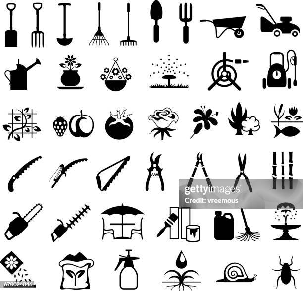 stockillustraties, clipart, cartoons en iconen met tuingereedschap en producten pictogrammen - getand