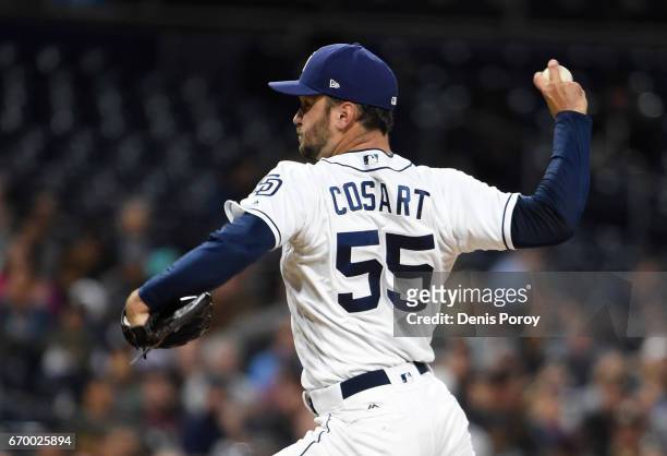 Jarred Cosart of the San Diego Padres pitches during the second inning of a baseball game against the Arizona Diamondbacks at PETCO Park on April 18,...