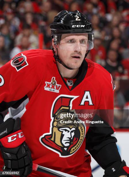 Dion Phaneuf of the Ottawa Senators skates against the Boston Bruins in Game Two of the Eastern Conference First Round during the 2017 NHL Stanley...