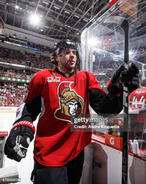 Bobby Ryan of the Ottawa Senators leaves the ice after warmup prior to playing against the Boston Bruins in Game Two of the Eastern Conference First...