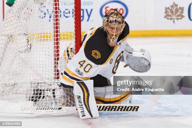 Tuukka Rask of the Boston Bruins tends net against the Ottawa Senators in Game Two of the Eastern Conference First Round during the 2017 NHL Stanley...