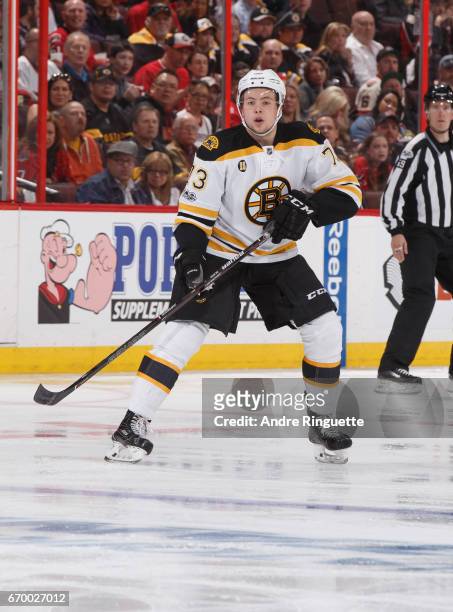 Charlie McAvoy of the Boston Bruins skates against the Ottawa Senators in Game Two of the Eastern Conference First Round during the 2017 NHL Stanley...