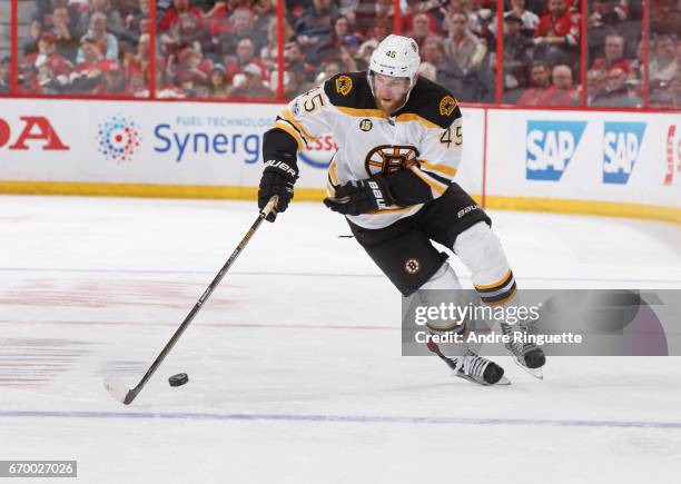 Joe Morrow of the Boston Bruins skates against the Ottawa Senators in Game Two of the Eastern Conference First Round during the 2017 NHL Stanley Cup...