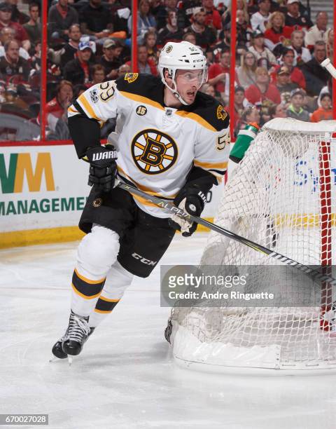 Tim Schaller of the Boston Bruins skates against the Ottawa Senators in Game Two of the Eastern Conference First Round during the 2017 NHL Stanley...