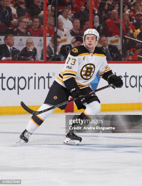 Charlie McAvoy of the Boston Bruins skates against the Ottawa Senators in Game Two of the Eastern Conference First Round during the 2017 NHL Stanley...