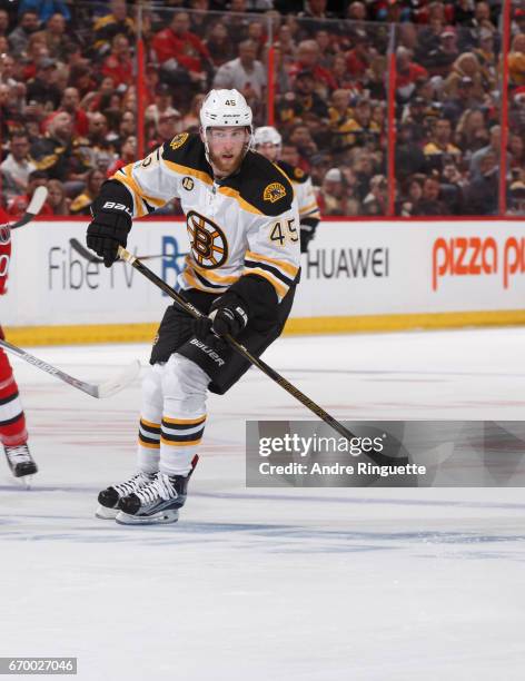 Joe Morrow of the Boston Bruins skates against the Ottawa Senators in Game Two of the Eastern Conference First Round during the 2017 NHL Stanley Cup...