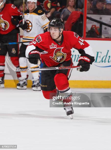 Jean-Gabriel Pageau of the Ottawa Senators skates against the Boston Bruins in Game Two of the Eastern Conference First Round during the 2017 NHL...