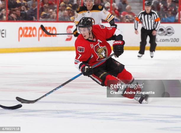 Kyle Turris of the Ottawa Senators skates against the Boston Bruins in Game Two of the Eastern Conference First Round during the 2017 NHL Stanley Cup...