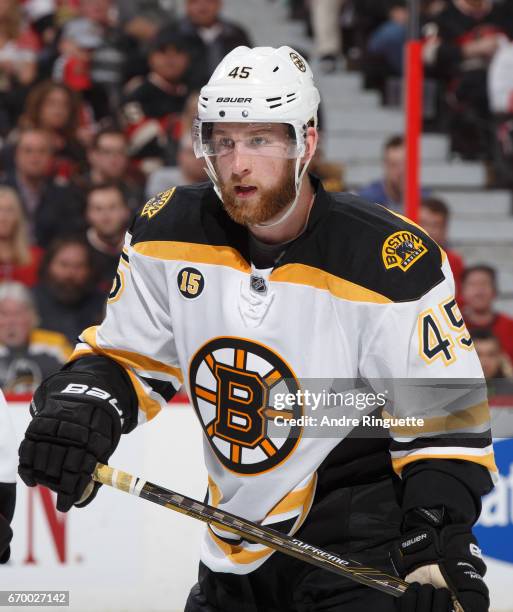 Joe Morrow of the Boston Bruins skates against the Ottawa Senators in Game Two of the Eastern Conference First Round during the 2017 NHL Stanley Cup...