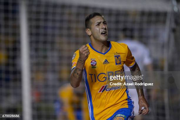 Ismael Sosa of Tigres celebrates after scoring his team's first goal during the Final first leg match between Tigres UANL and Pachuca as part of the...