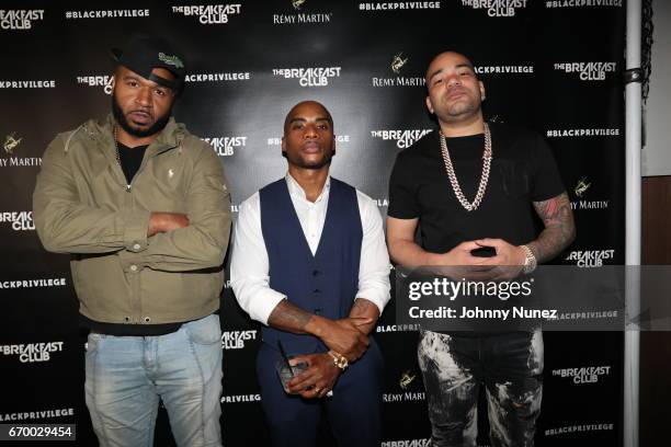 Suss One, Charlamagne Tha God and DJ Envy attend Remy Martin and Charlamagne Tha God Celebrate "Black privilege" Book Launch at Kola House on April...