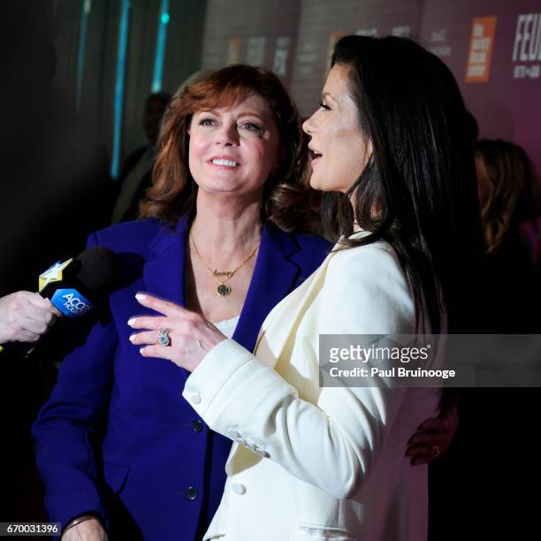 Catherine Zeta-Jones and Susan Sarandon attend the "Latin History For Morons" Opening Night Celebration at The Public Theater on March 27, 2017 in...