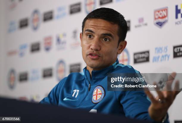 Tim Cahill of Melbourne Citys peaks to the media during a Melbourne City A-League press conference at City Football Academy on April 19, 2017 in...