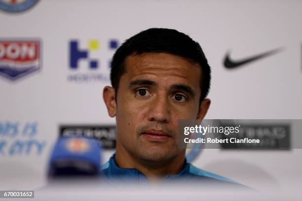 Tim Cahill of Melbourne Citys peaks to the media during a Melbourne City A-League press conference at City Football Academy on April 19, 2017 in...