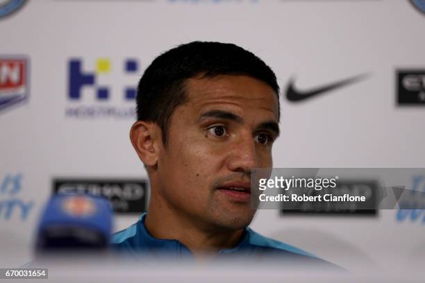 Tim Cahill of Melbourne Citys peaks to the media during a Melbourne City A-League press conference at City Football Academy on April 19, 2017 in...