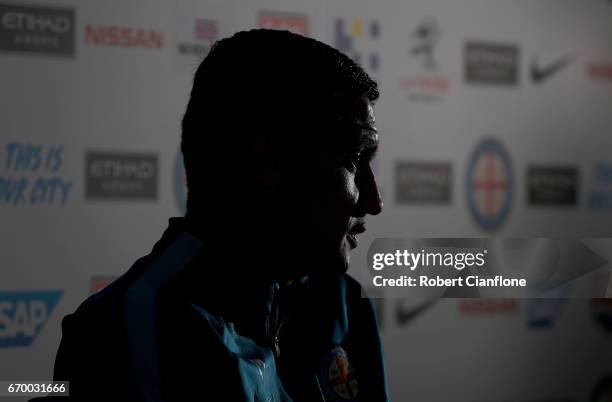 Tim Cahill of Melbourne Citys peaks to the media during a Melbourne City A-League press conference at City Football Academy on April 19, 2017 in...