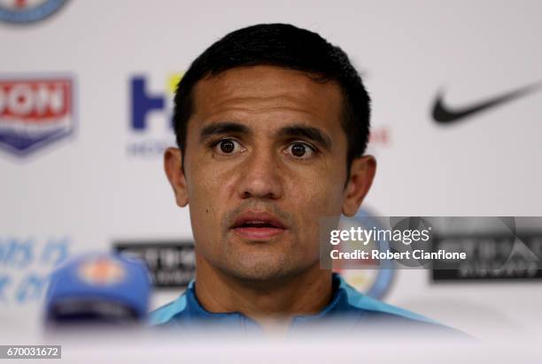 Tim Cahill of Melbourne Citys peaks to the media during a Melbourne City A-League press conference at City Football Academy on April 19, 2017 in...