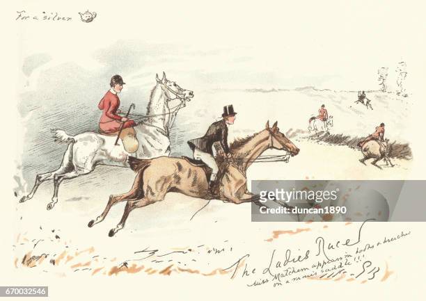 ilustrações de stock, clip art, desenhos animados e ícones de victorian hunters rdiing acoss a field, 19th century - caça à raposa
