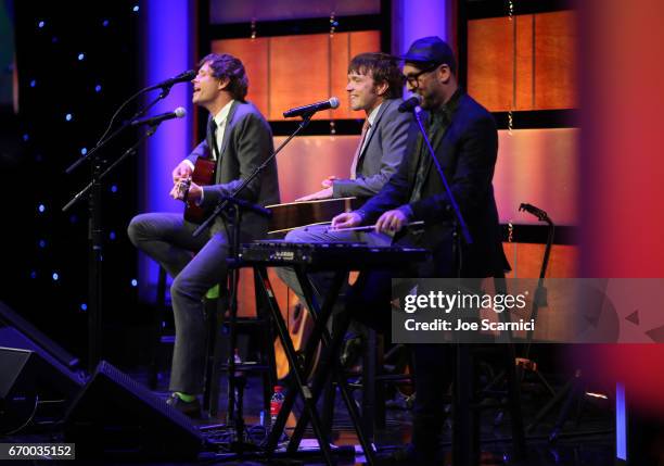 Musicians Damian Kulash, Andy Ross, and Tim Nordwind of OK Go perform onstage during the Thirst Project's 8th Annual thirst Gala at Beverly Hills...