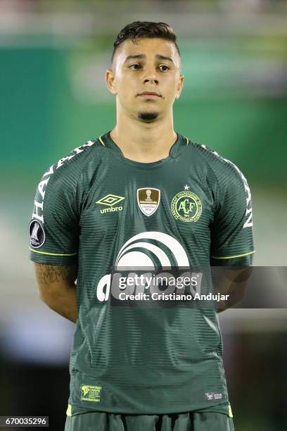 Joao Pedro of Chapecoense looks on during the national anthem prior a match between Chapecoense and Nacional Uruguai as part of Copa Bridgestone...