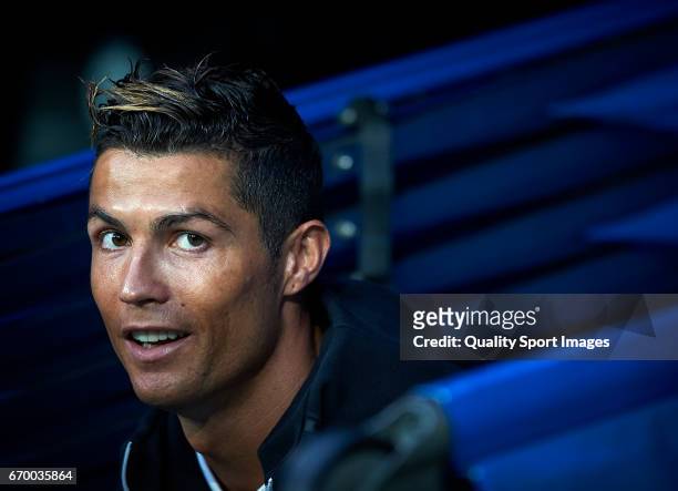 Cristiano Ronaldo of Real Madrid looks on prior the UEFA Champions League Quarter Final second leg match between Real Madrid CF and FC Bayern...