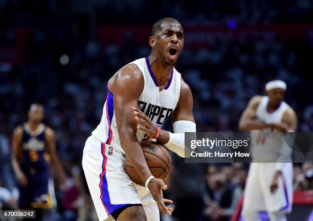 Chris Paul of the LA Clippers argues his foul call during the first half against the Utah Jazz in Game Two of the Western Conference Quarterfinals...