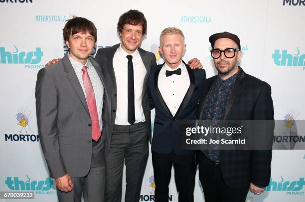 Founder of Thirst Project Seth Maxwell poses with OK Go at the Thirst Project's 8th Annual thirst Gala at Beverly Hills Hotel on April 18, 2017 in...