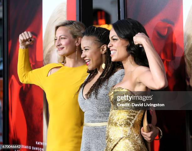 Stuntwoman Zoe Bell, actress Tracie Thomas, and actress Rosario Dawson attend the premiere of Warner Bros. Pictures' "Unforgettable" at TCL Chinese...