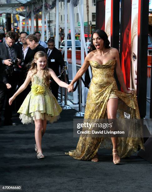 Actresses Isabella Kai Rice and Rosario Dawson attend the premiere of Warner Bros. Pictures' "Unforgettable" at TCL Chinese Theatre on April 18, 2017...