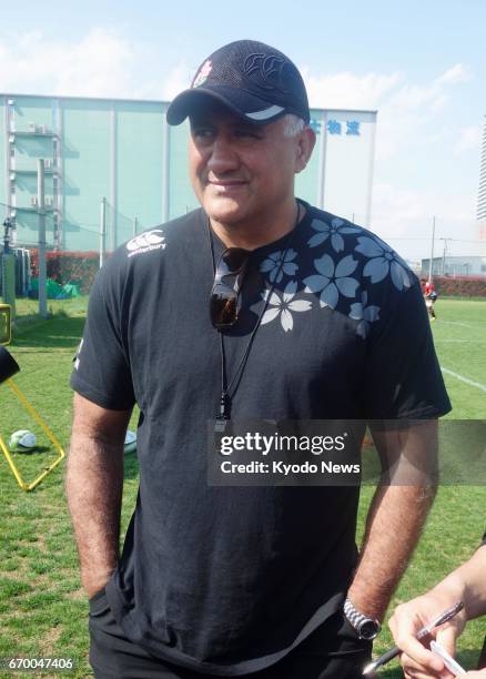 Japan coach Jamie Joseph talks to reporters after the team's training session in Tokyo on April 13, 2017. Joseph named his first match-day squad of...