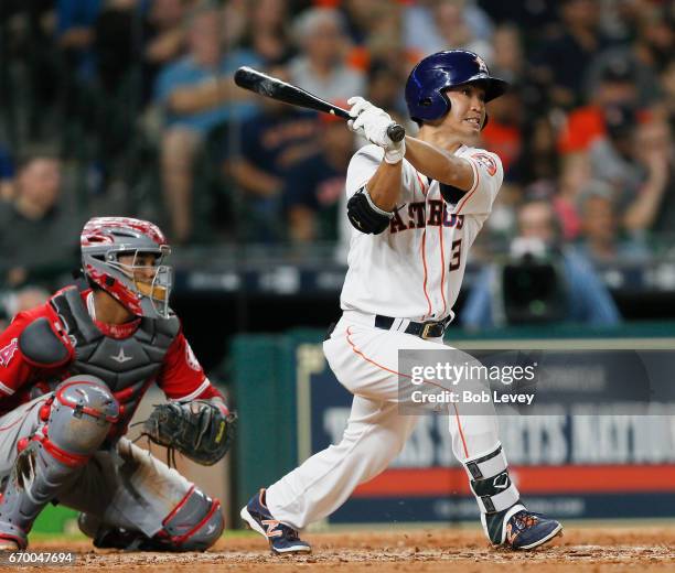 Norichika Aoki of the Houston Astros grounds out to the pitcher in the ninth inning against the Los Angeles Angels of Anaheim at Minute Maid Park on...