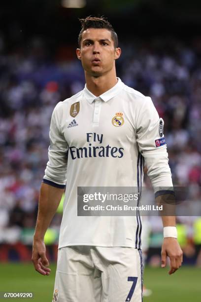 Cristiano Ronaldo of Real Madrid CF looks on during the UEFA Champions League Quarter Final second leg match between Real Madrid CF and FC Bayern...