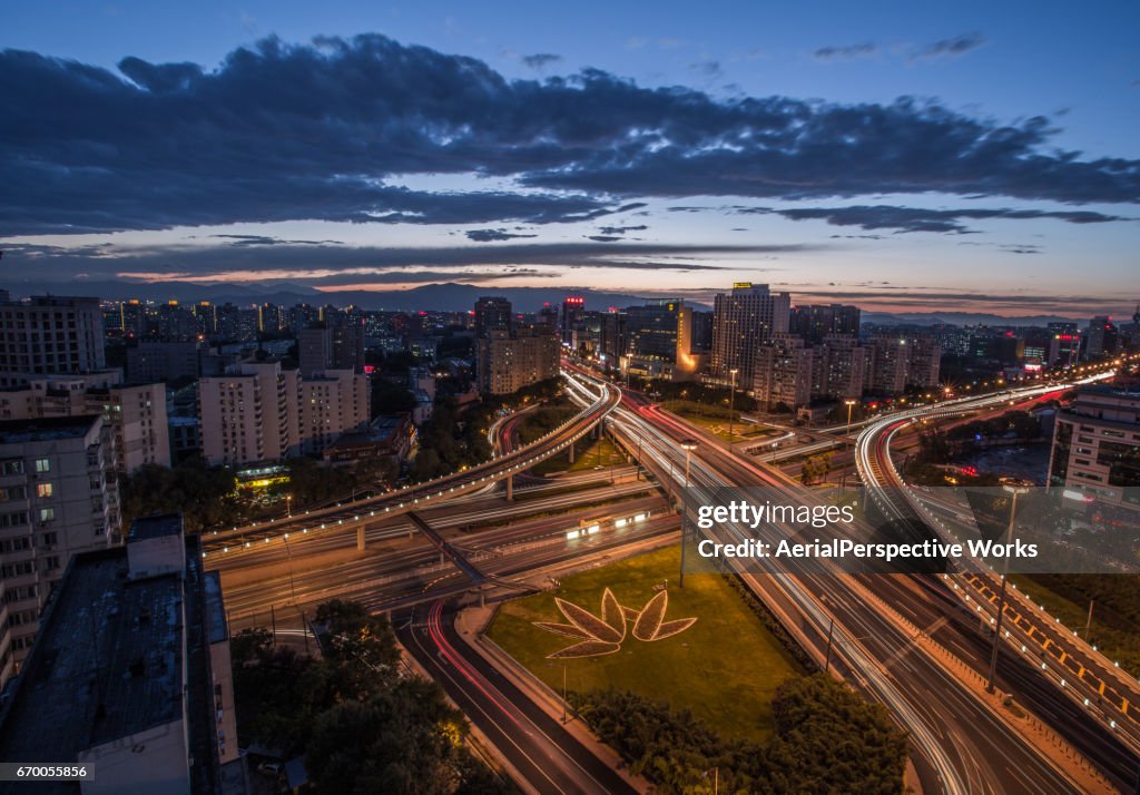 Aerial View of Busy Overpass in Beijing at Dusk