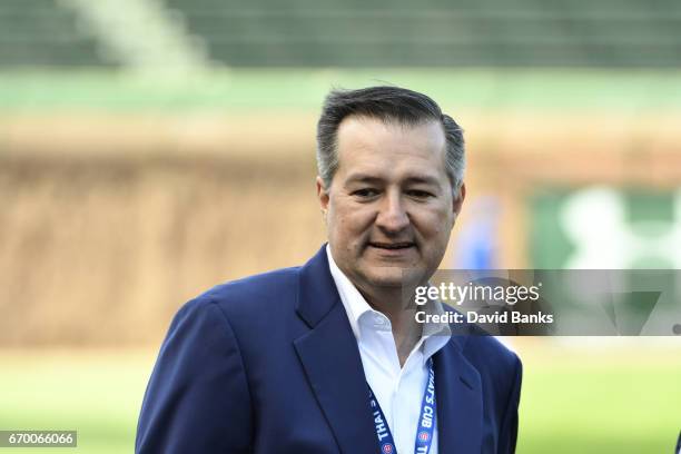 Chicago Cubs Chairman and owner Tom Ricketts on the field before the game between the Chicago Cubs and the Milwaukee Brewers on April 17, 2017 at...