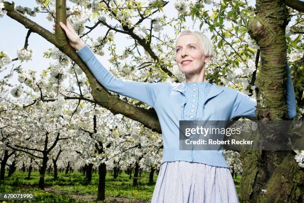 senior woman stands between blossoming cherry trees - gutaussehend stockfoto's en -beelden