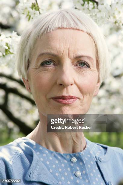 senior woman stands between blossoming cherry trees - gutaussehend 個照片及圖片檔